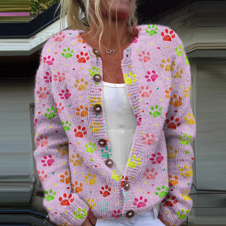 Women's Paw Print Floral Button Cardigan Sweater