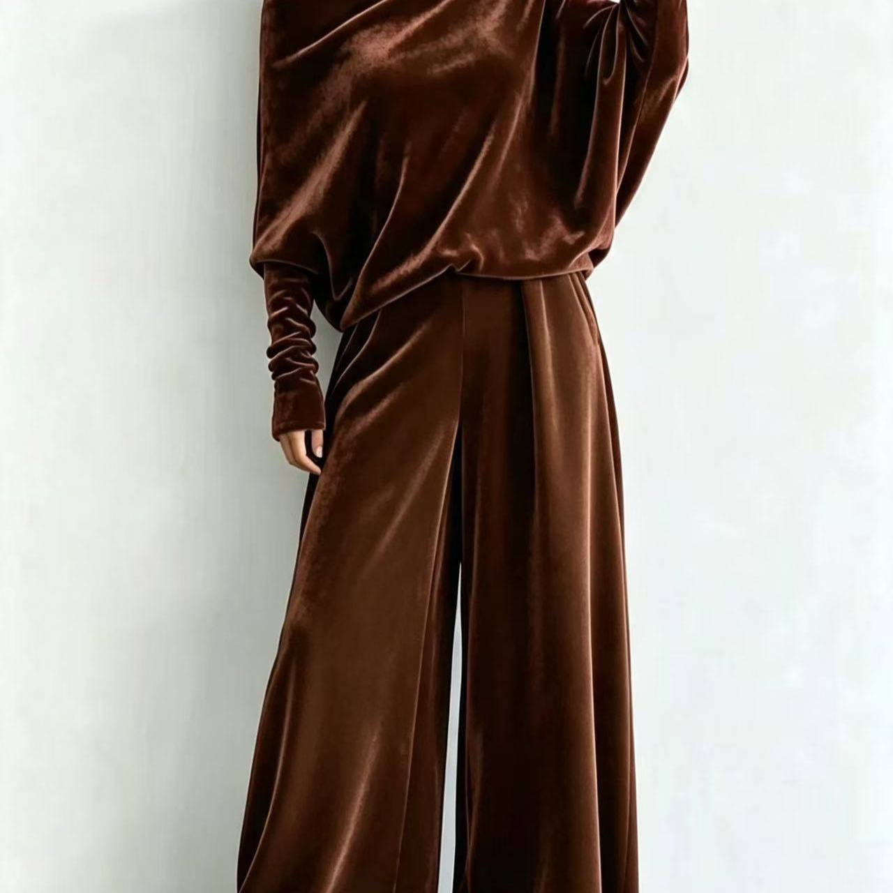 Velvet One-Shoulder Batwing Sleeve Top & High-Waist Wide-Leg Pants Set