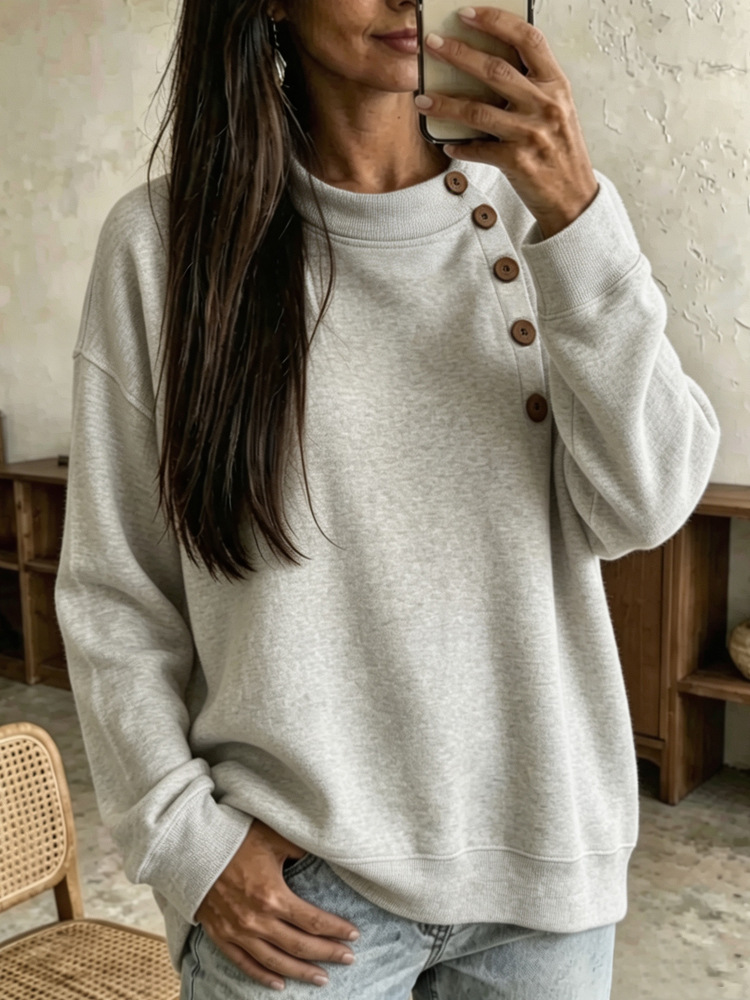 Solid Half-Turtleneck Button-Trim Long-Sleeve Sweatshirt