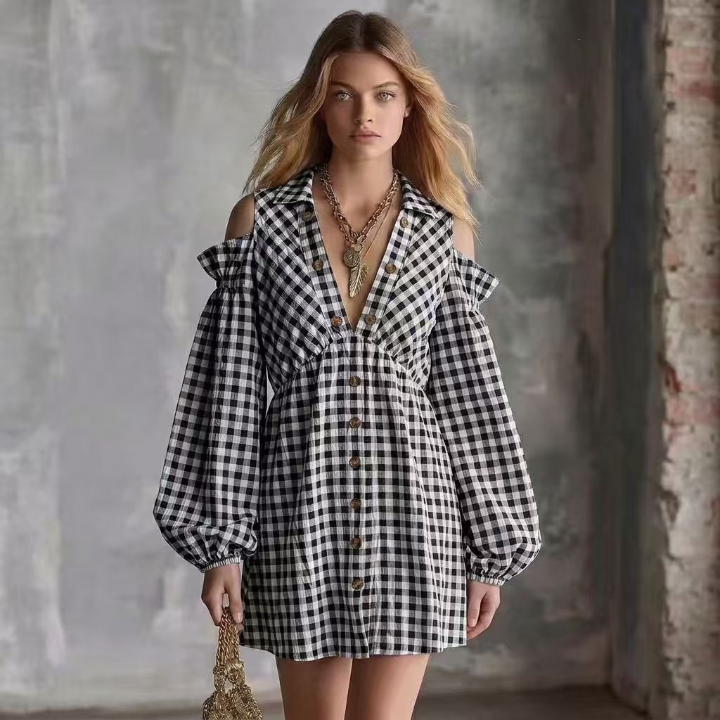 Retro Plaid Off-Shoulder Lantern Sleeve Midi Dress with Elastic Waist