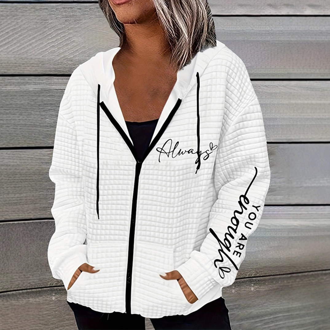 Letter Print Zip-Up Hooded Sweatshirt Jacket for Women