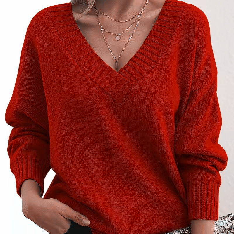 Women's Loose V-Neck Pullover Sweater Casual Knit Top
