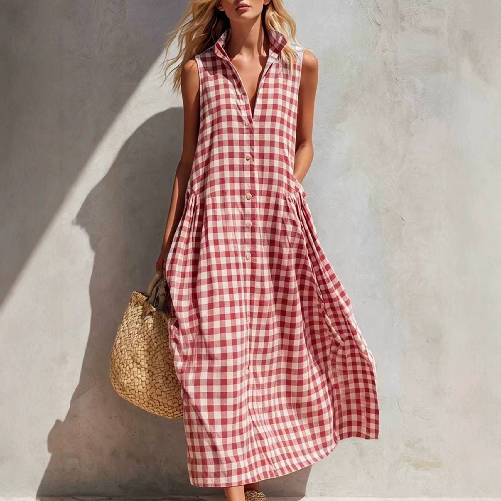 Sleeveless Plaid Loose Long Dress