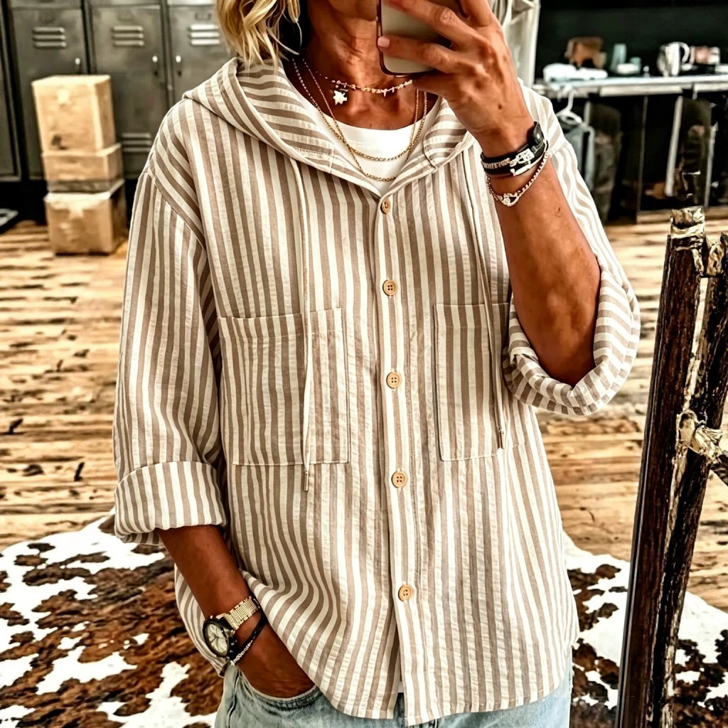 Striped Drawstring Button Hooded Long-Sleeve Top