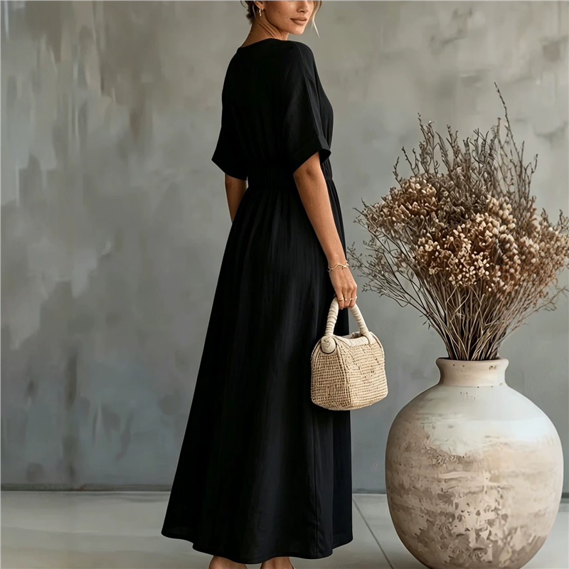 Elegant V-Neck Cinched Waist Pleated A-Line Long Dress