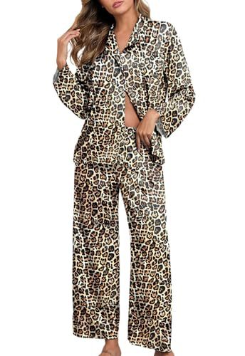 Cuban Collar Floral Coin Leopard Leaf Print Long Sleeve Women's Set