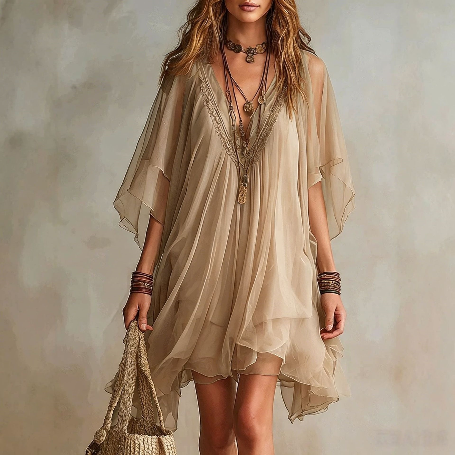 Women's V-Neck Chiffon Two-Piece Dress Set with Loose Beach Cover-Up