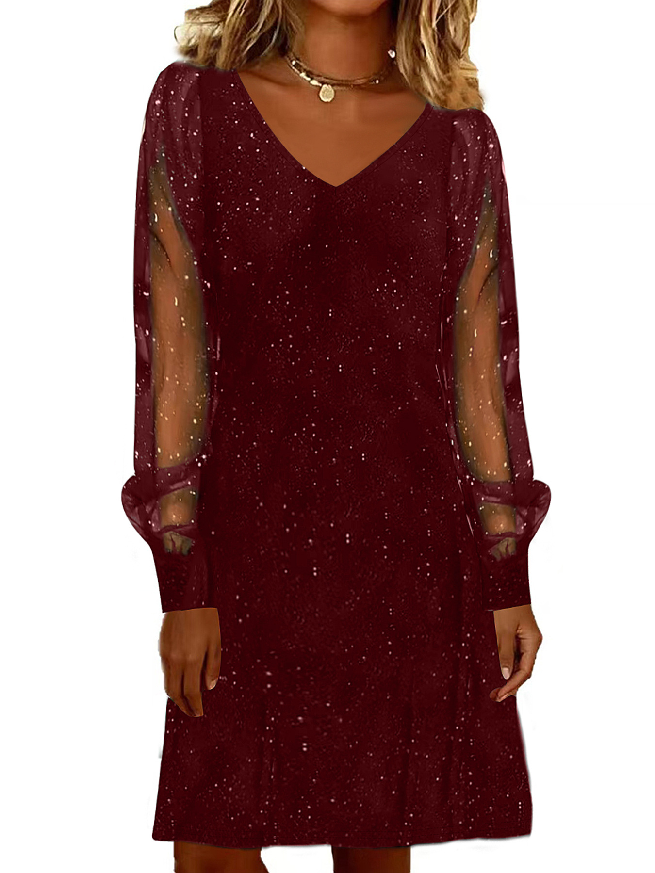 Starry Sky V-Neck Mesh Sleeve Midi Party Dress