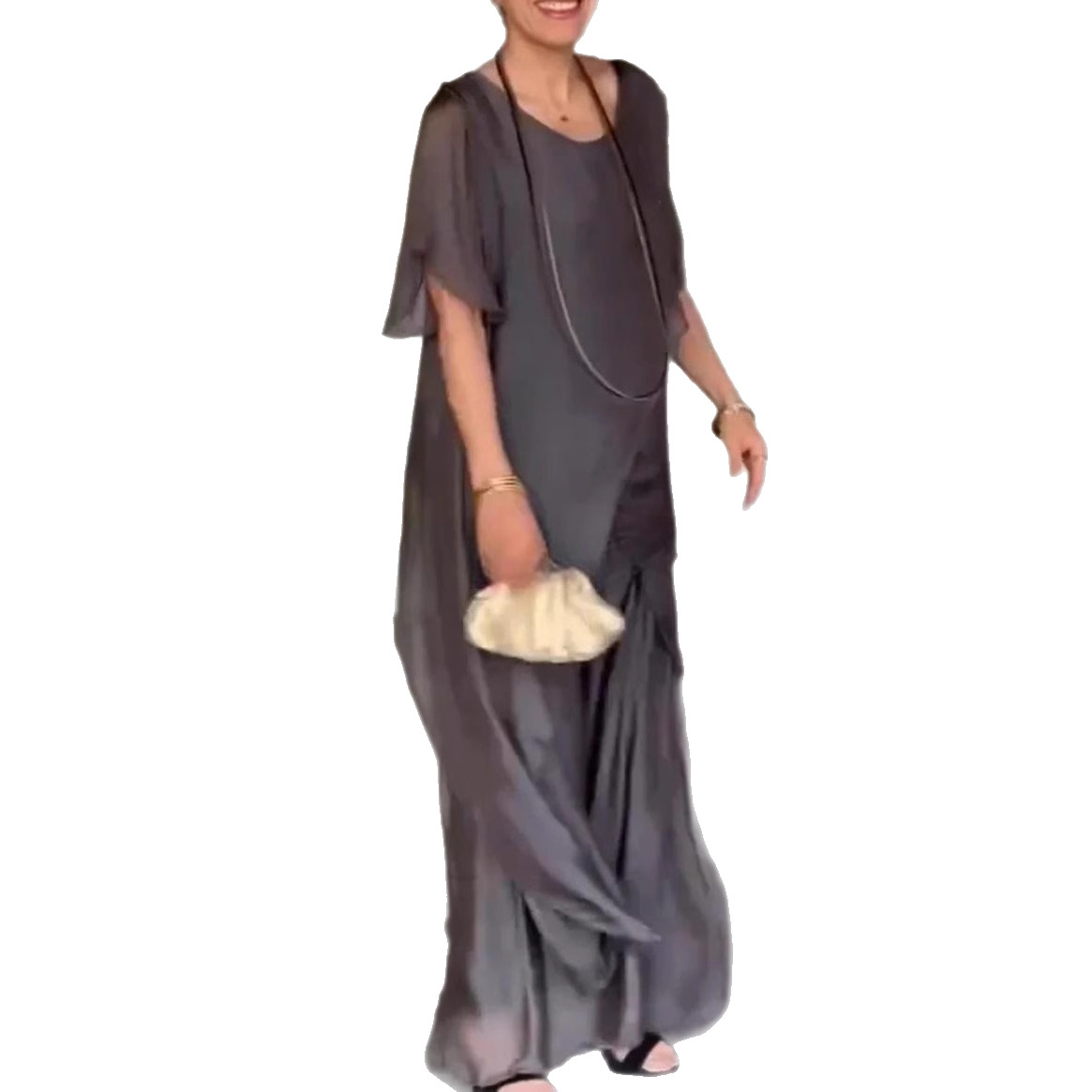 Women's Chiffon Two-Piece Set with Asymmetric Top and Loose Pants