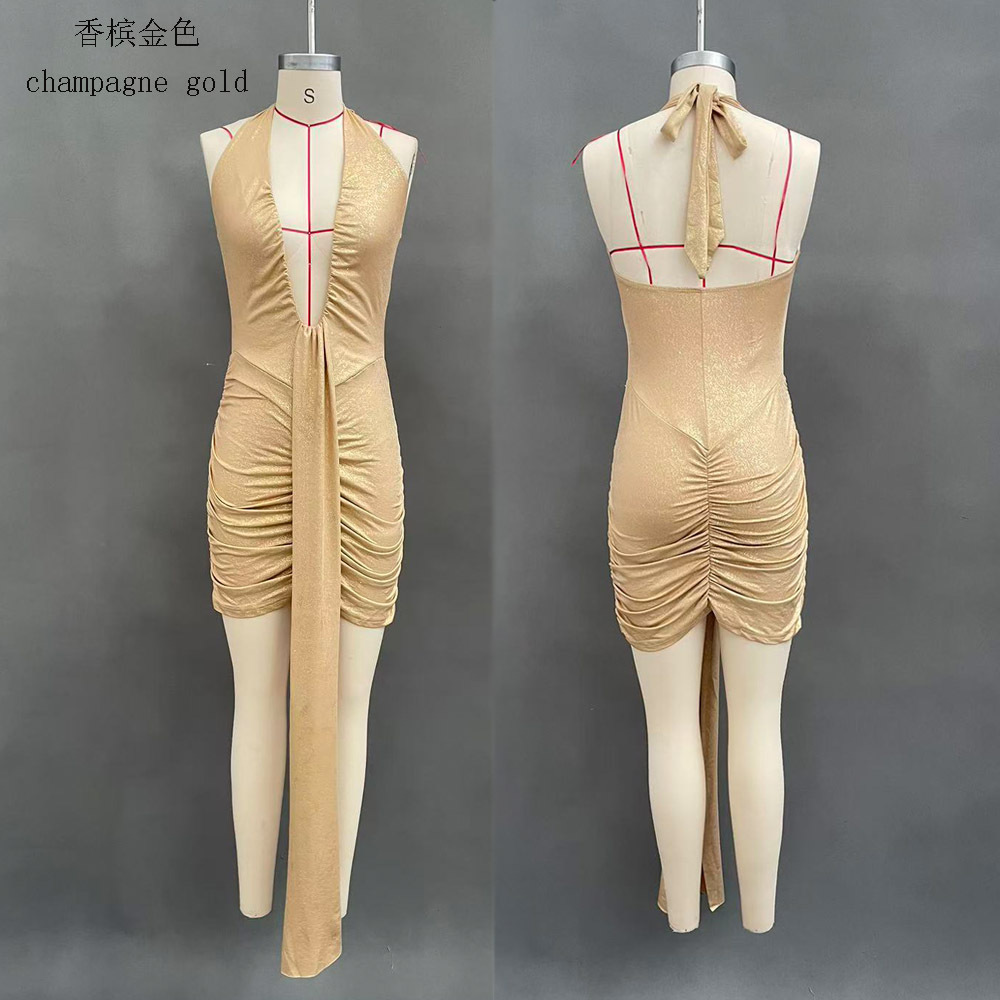 Halter Deep V-Neck Ruched Bodycon Mini Dress with Gold Foil Detail