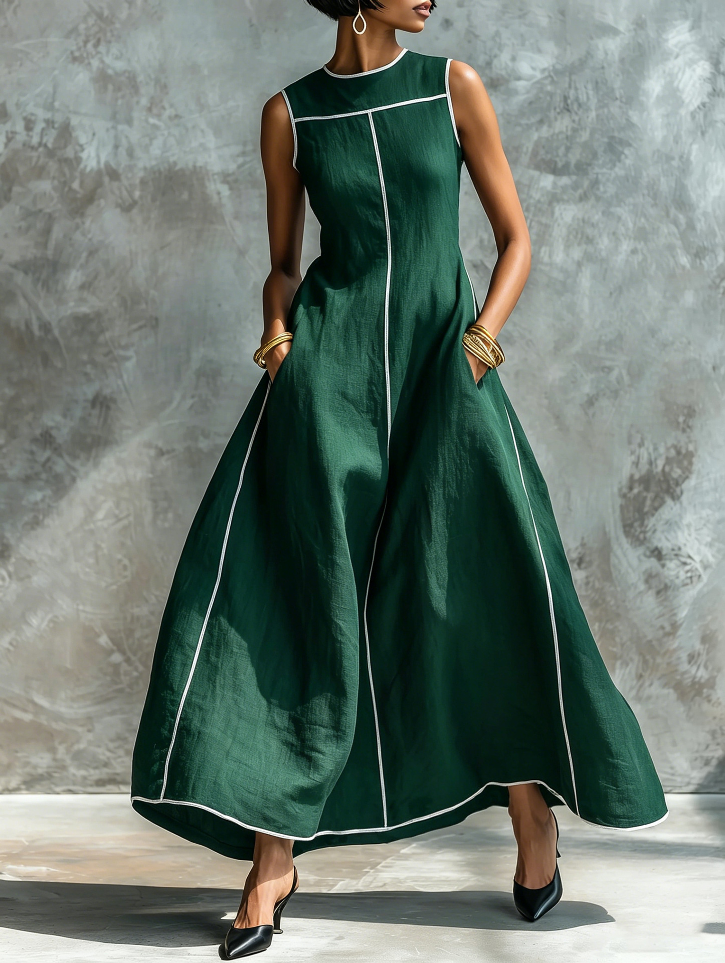 Women's Sleeveless Colorblock A-Line Midi Dress with Contrast Stitching and Cinched Waist