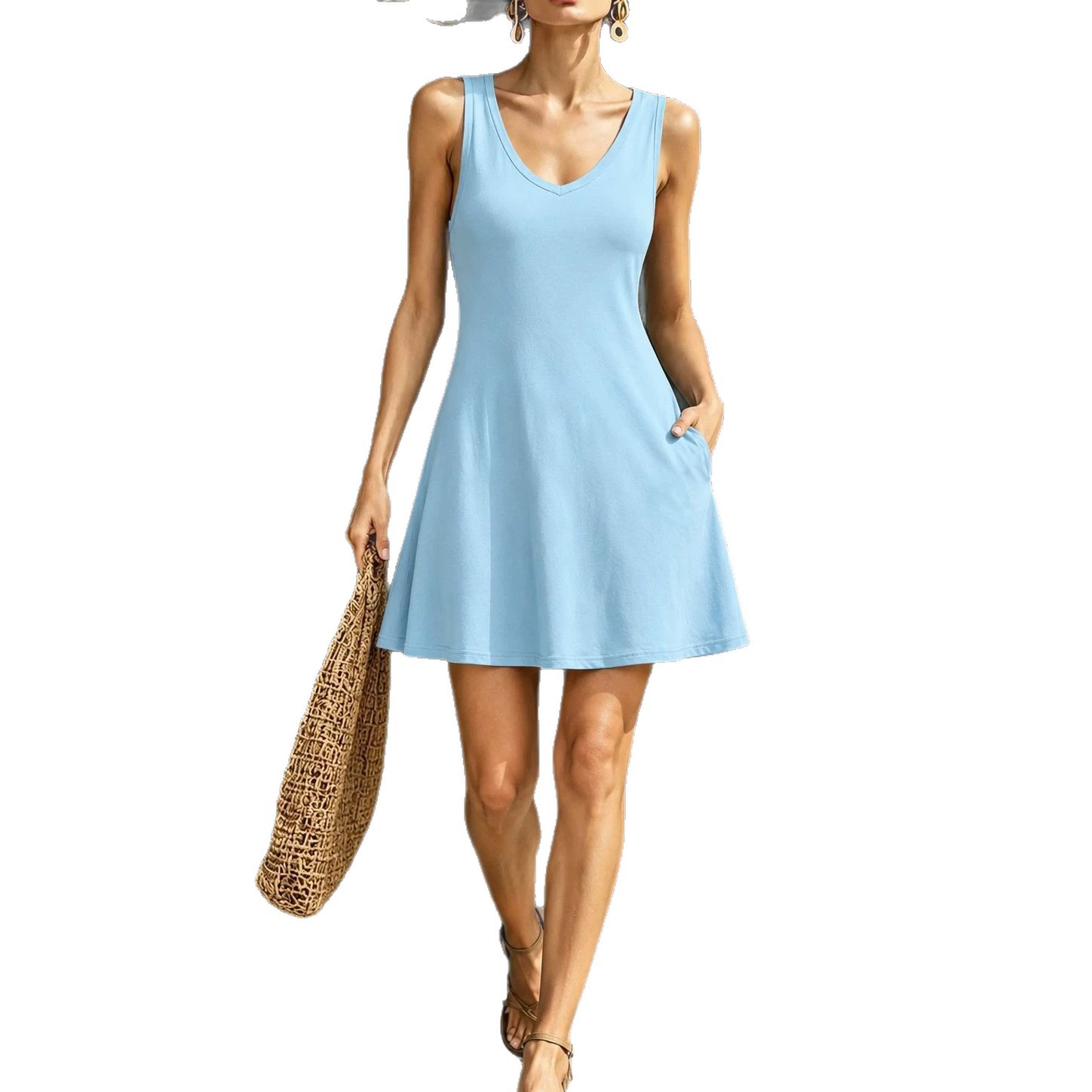 Women's Sleeveless V-Neck A-Line Pocket Dress