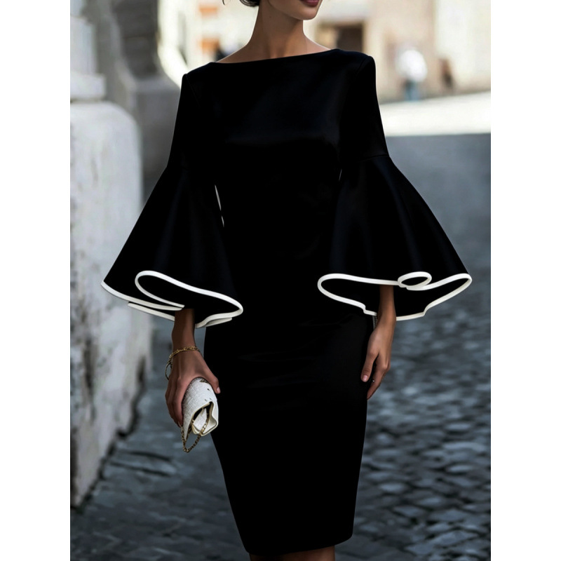 Color-Block Flare-Sleeve Bodycon Midi Dress