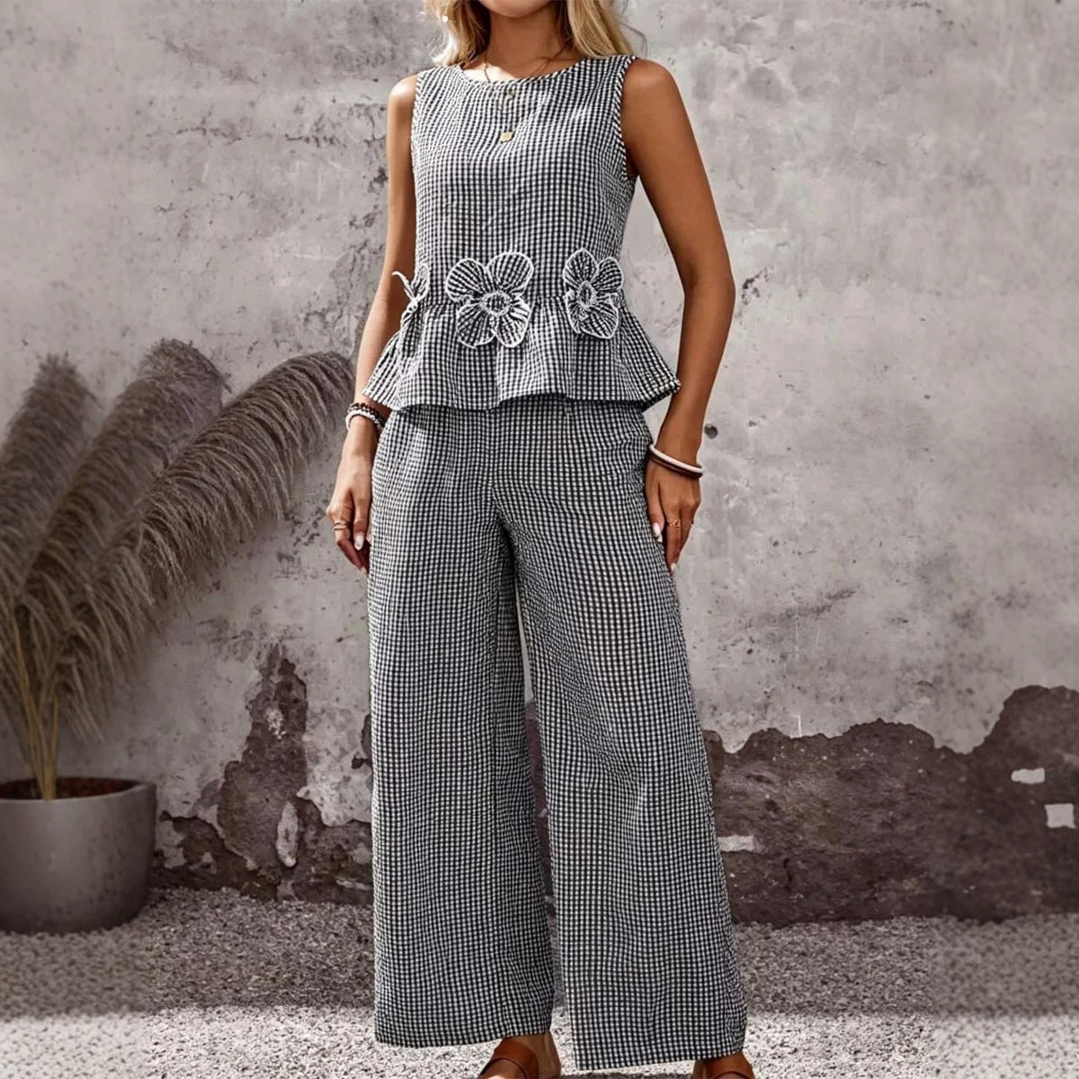 Women's Striped Floral Cotton-Linen Top and Pants Set