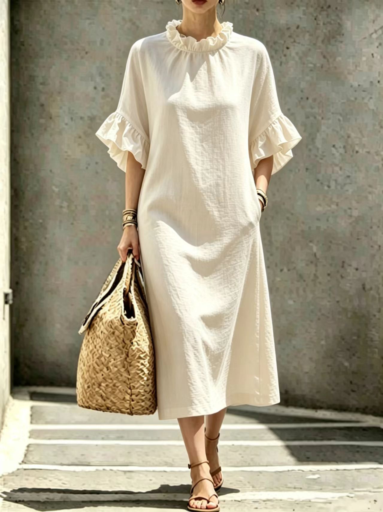 Ruffled Collar Petal Sleeve A-Line Midi Dress
