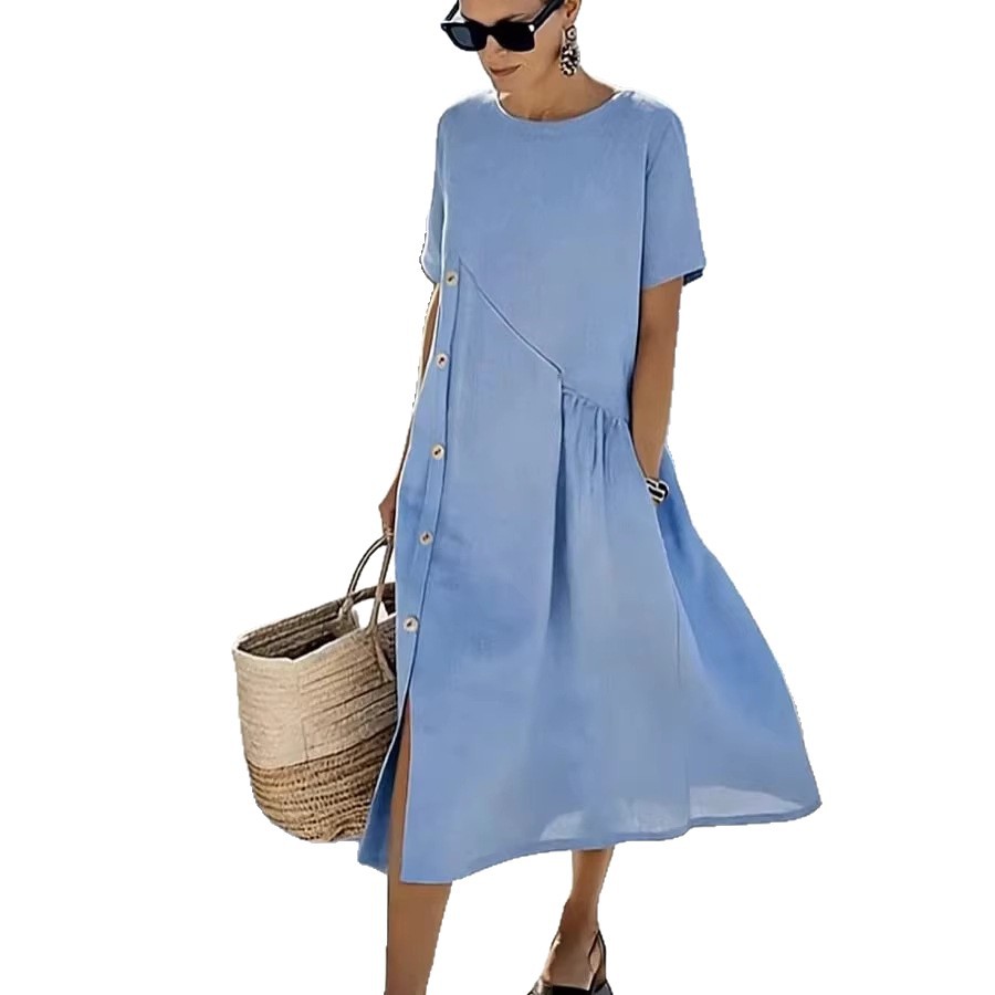 Women's Casual Button-Trim Pleated Midi Dress with Pockets