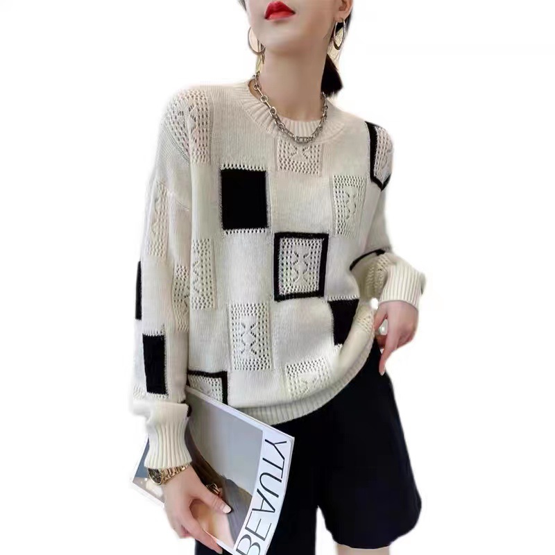 Color-Block Plaid Knit Sweater Women's Loose Retro Crewneck Pullover