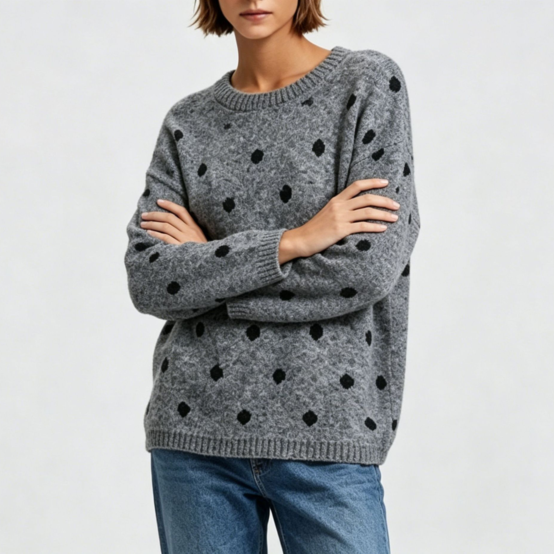 Polka Dot Crewneck Pullover Sweater for Women Soft Knit Top