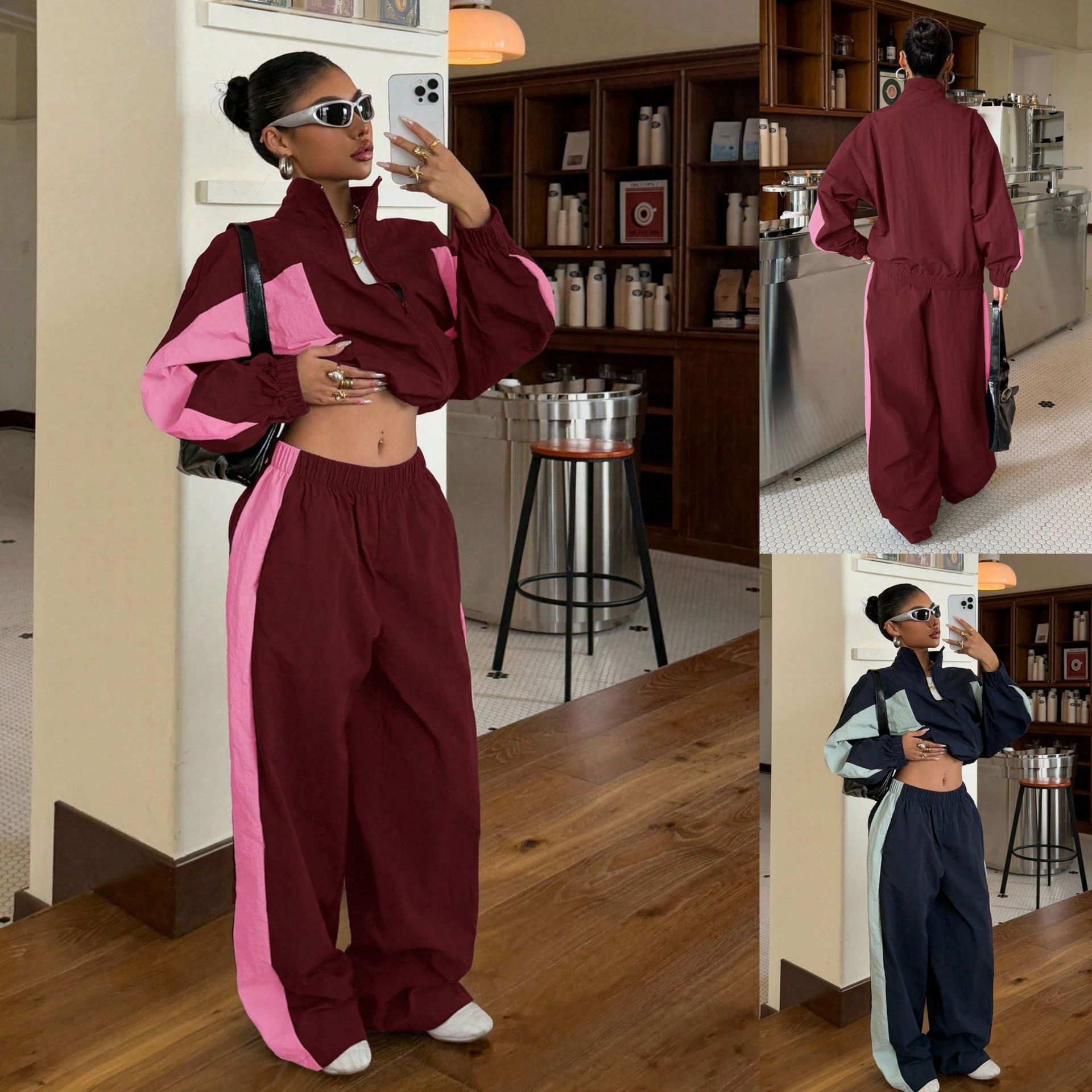 Women's Colorblock Half-Zip Stand Collar Short Two-Piece Set