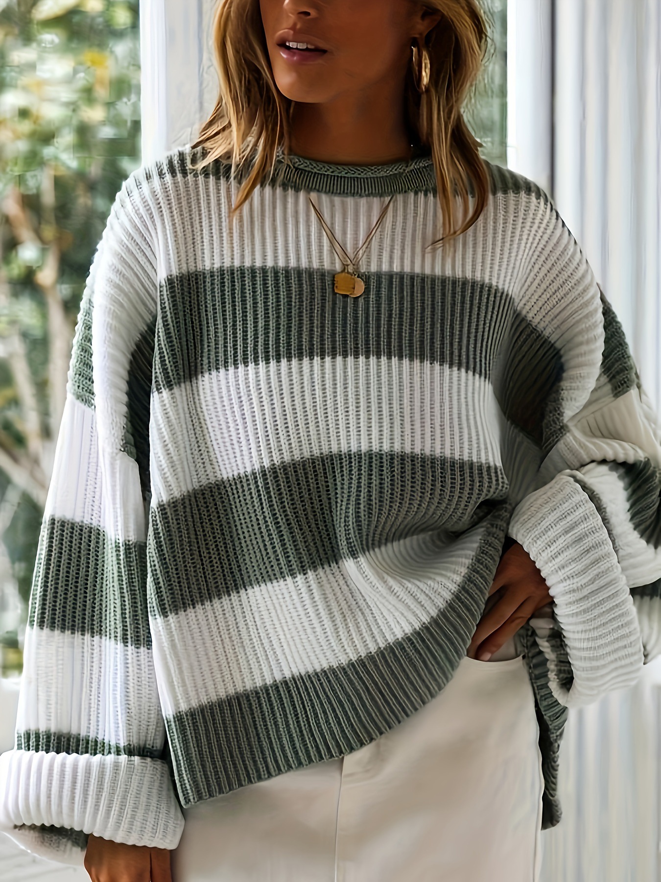Wide Striped Gray & White Color-Block Loose Crewneck Long-Sleeve Knit Sweater for Women
