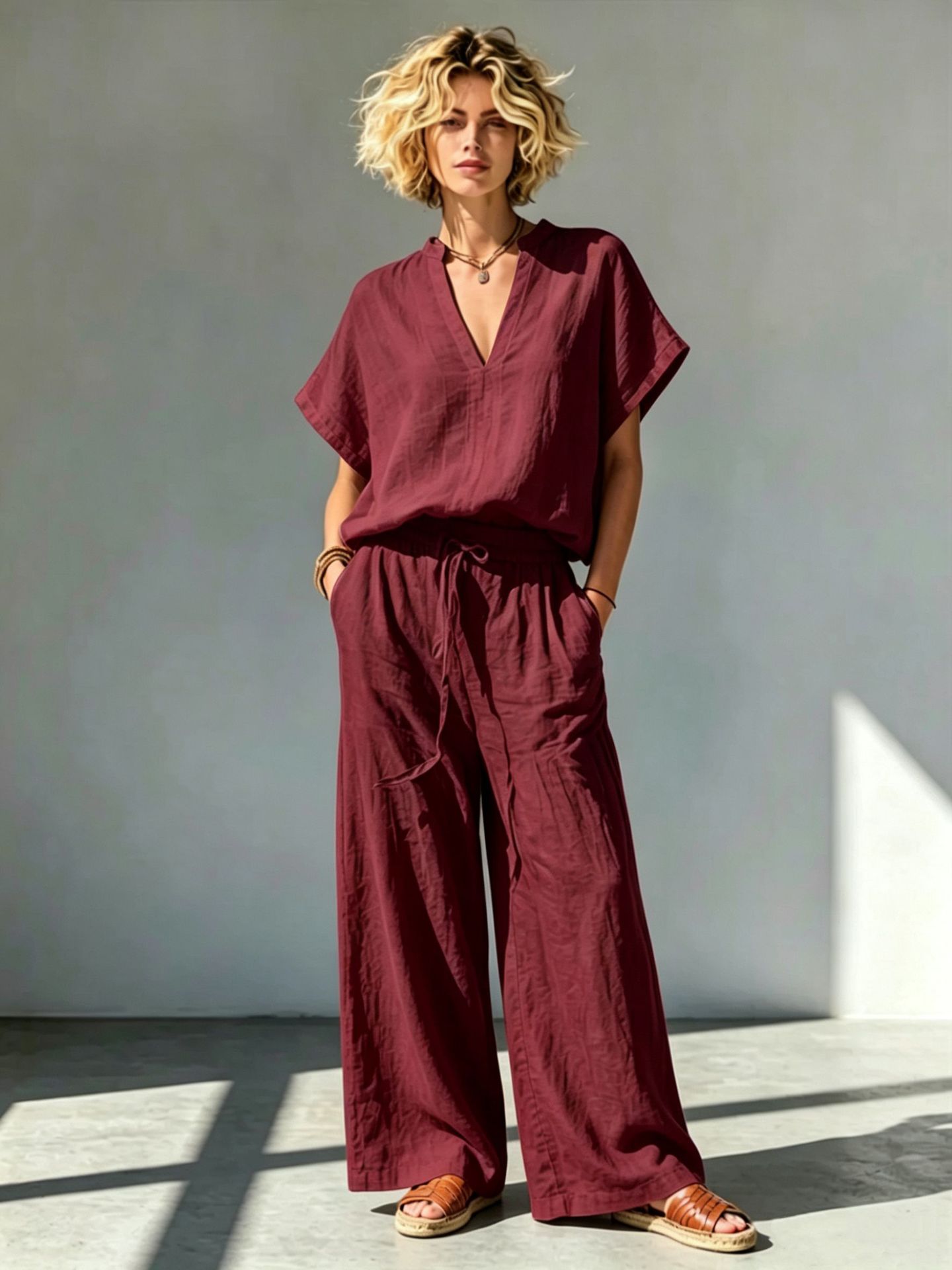 Women's Cotton-Linen V-Neck Short-Sleeve Shirt & Wide-Leg Pants Set