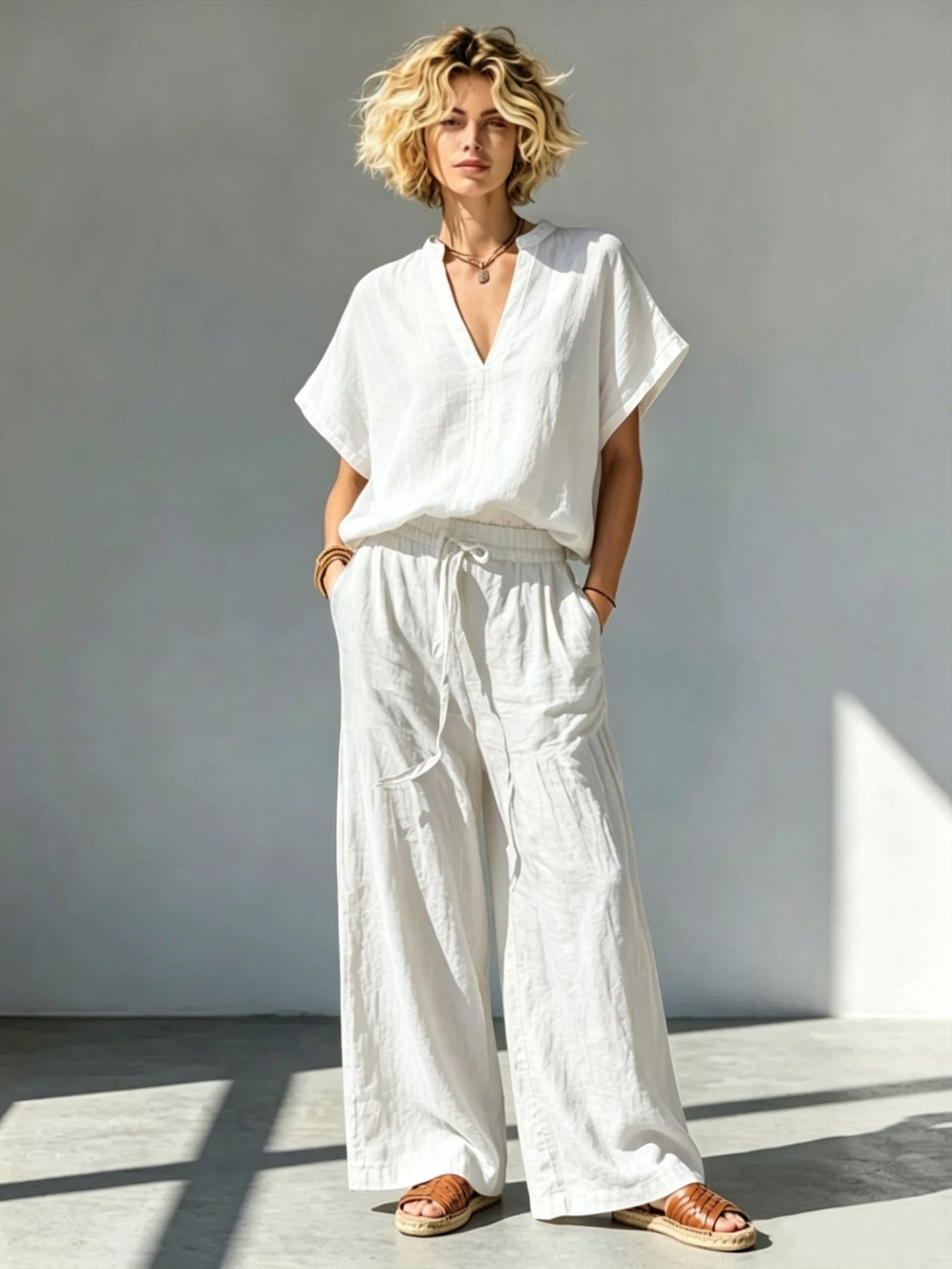 Women's Cotton-Linen V-Neck Short-Sleeve Shirt & Wide-Leg Pants Set