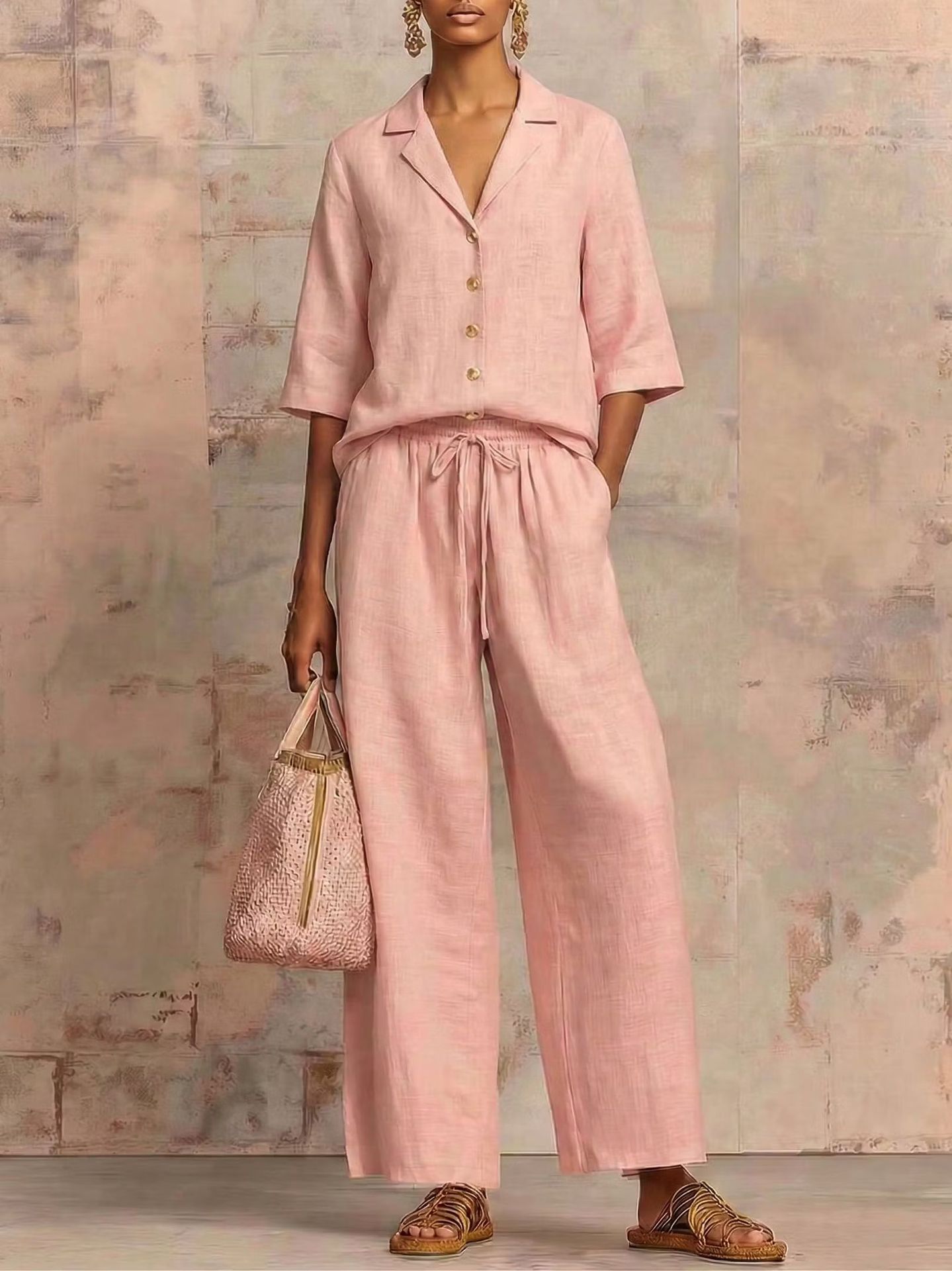 Women's Casual Solid Button Crew Neck Wide Leg Pants Set
