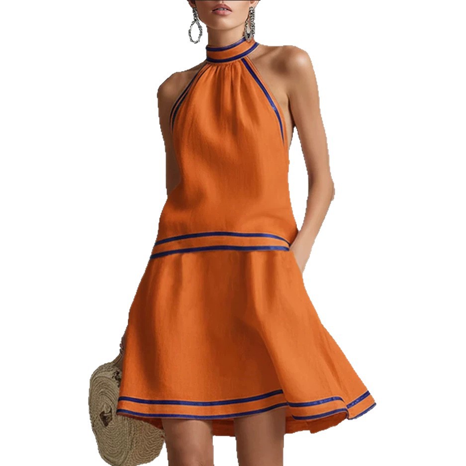 Striped Trim Halter Sleeveless A-Line Dress