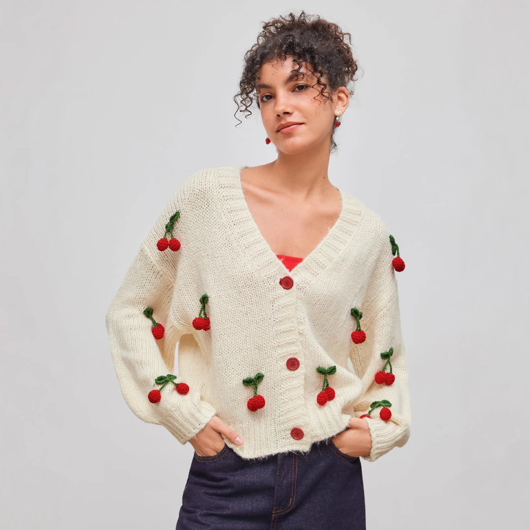 Women's V-Neck Cherry Cardigan Sweater Loose Fit