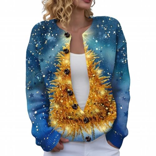 Women's Christmas Reindeer Snowman Print Faux Sweater Cardigan