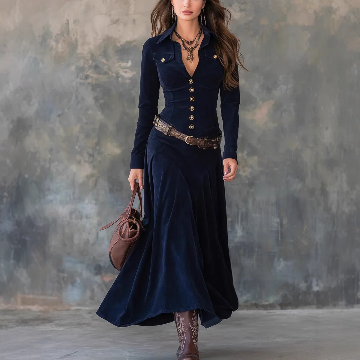 Button-Front Faux Suede Long Shirt Dress