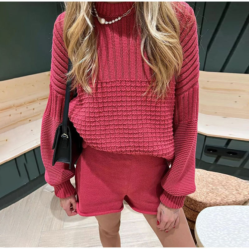 Women's Knit Crewneck Long Sleeve Loose Casual Shorts Two-Piece Set