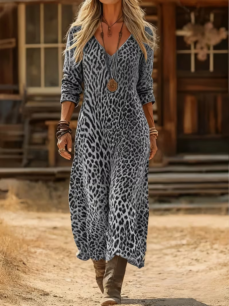 Women's Leopard Print Polka Dot Ruched Midi Dress