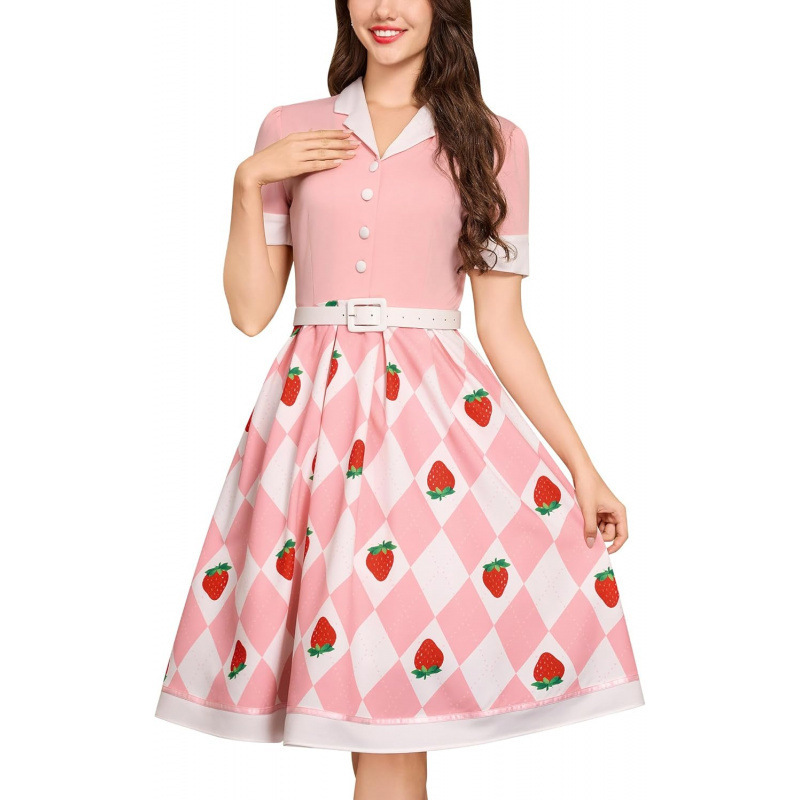 Women's Vintage Fruit Print Short Sleeve A-Line Dress with Belt