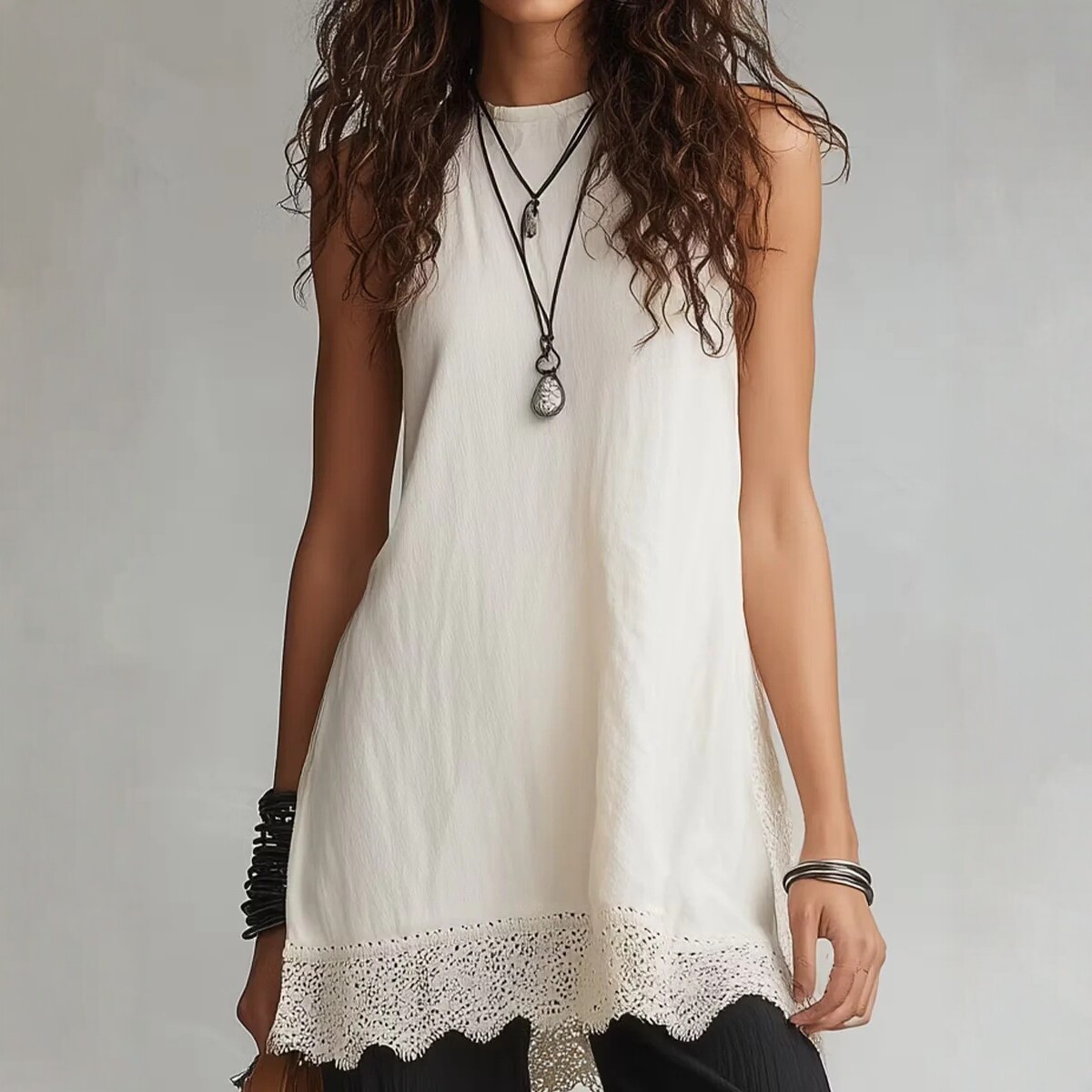 Women's Solid Crewneck Sleeveless Wavy Hem Shirt Set