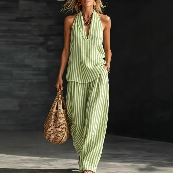 Striped Linen V-Neck Sleeveless Top & Wide-Leg Pants Set