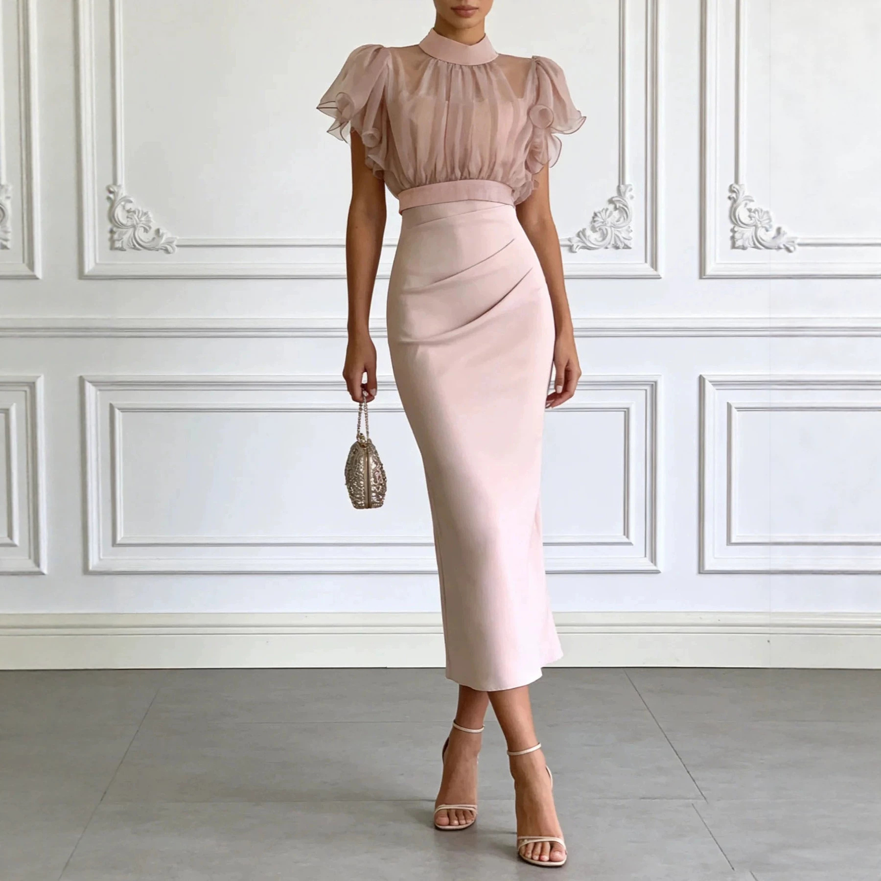 Sheer Mesh Lace-Up Waist Top with Cami Bodycon Dress Set
