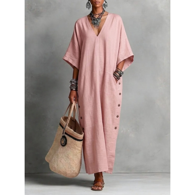 Cotton Linen Loose V-Neck Side Button Casual Long Dress