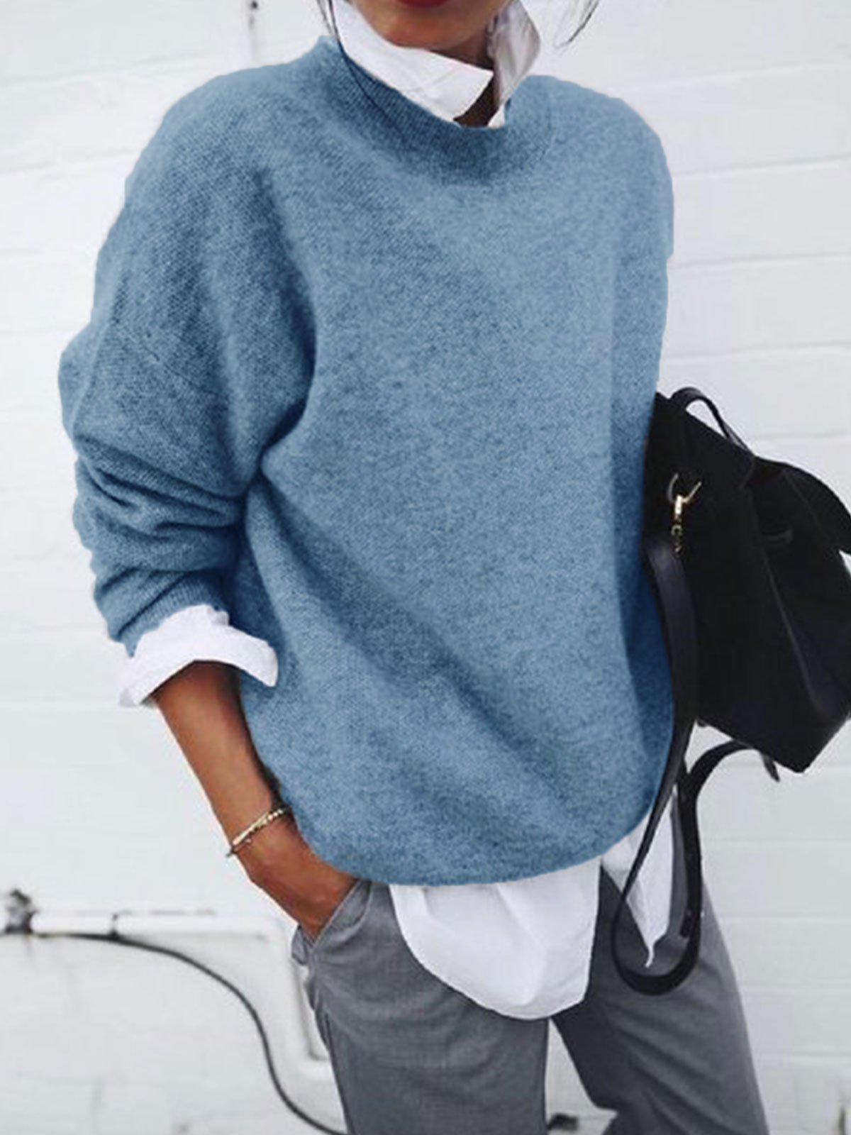 Women's Faux-Layer Crewneck Long-Sleeve Sweater Shirt