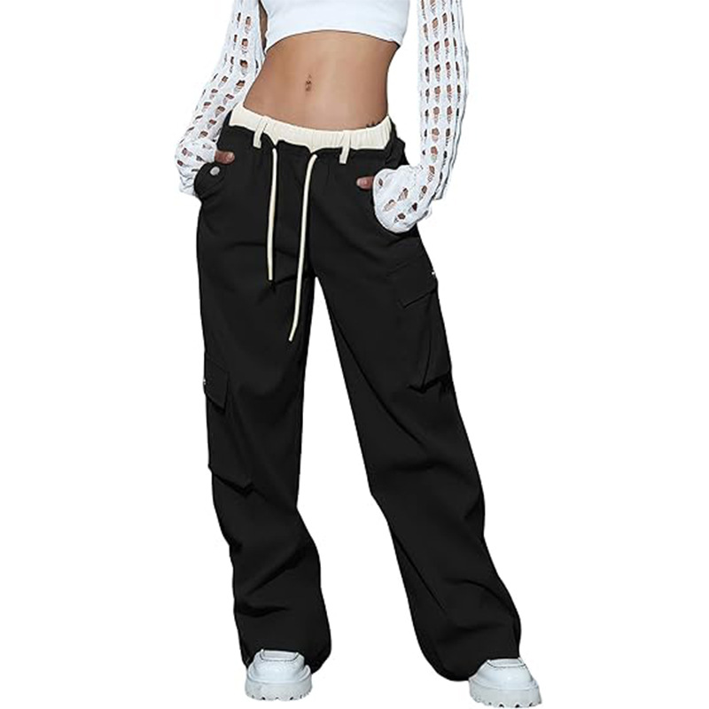 Drawstring Wide-Leg Cargo Pants with Color-Block Multi-Pockets