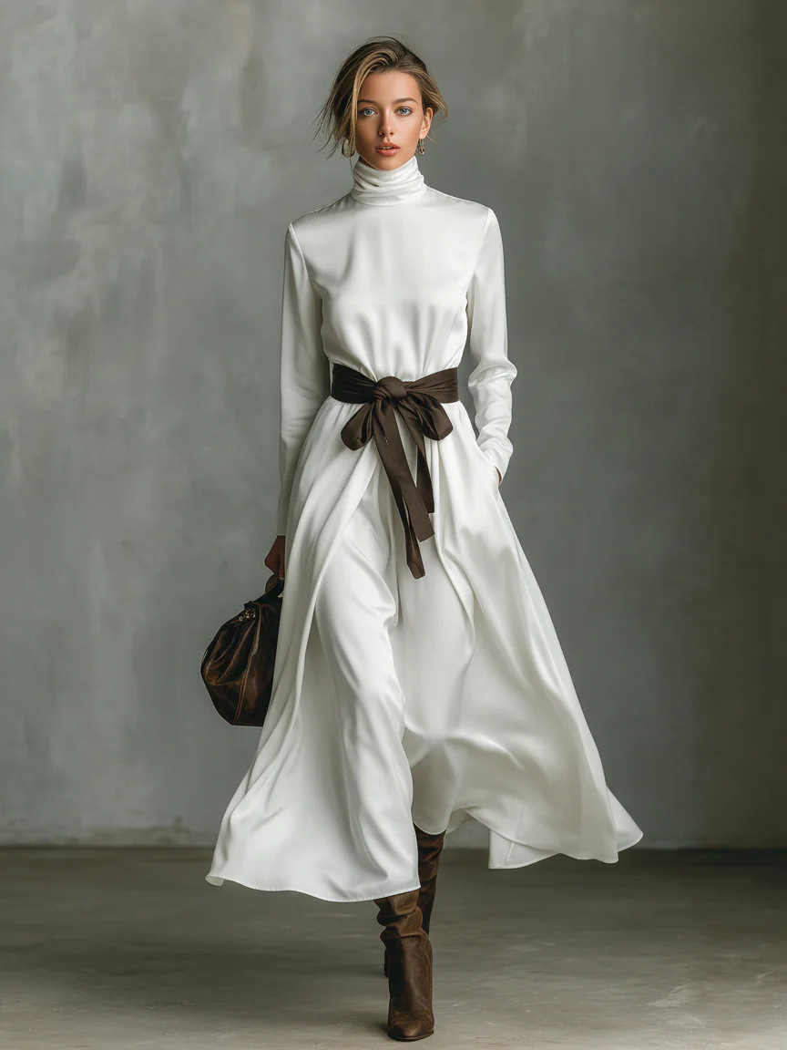 Women's High Neck Long Sleeve Midi Dress with Contrast Belt