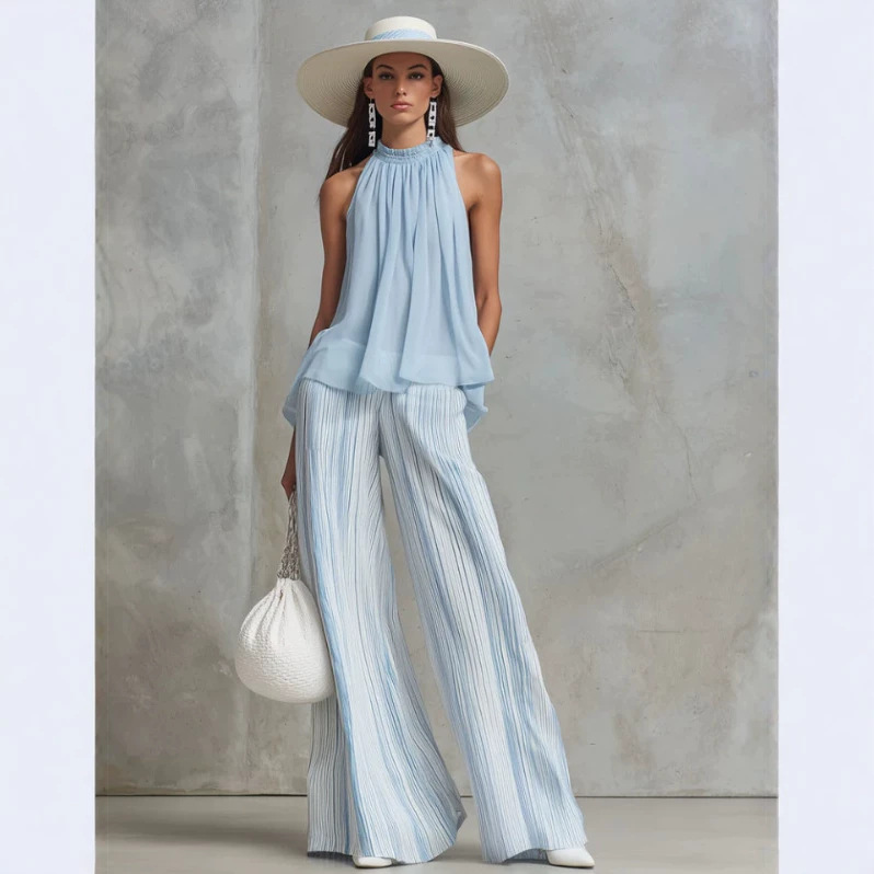 Light Blue Chiffon Sleeveless Top and Striped Wide-Leg Pants Set