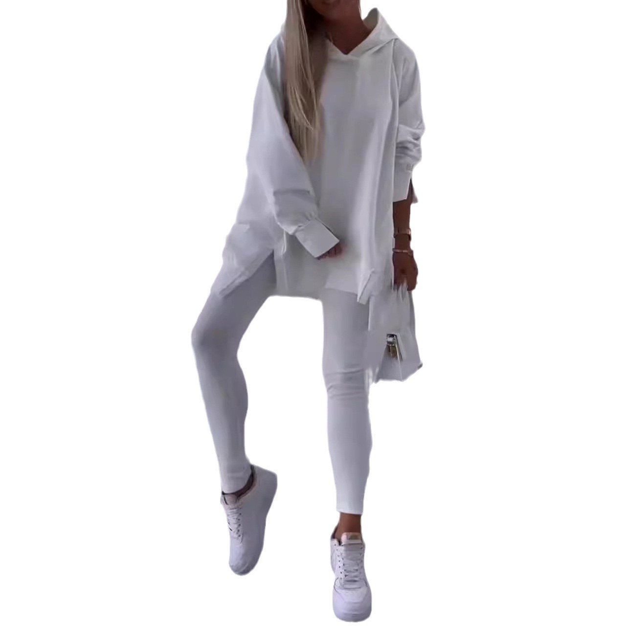 Women's Casual Hooded Split Top and Leggings Two-Piece Set
