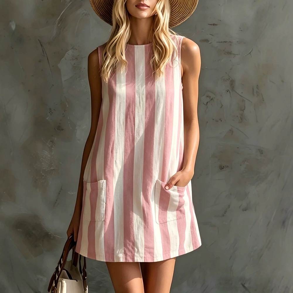 Blue and White Striped Sleeveless Round Neck Mini Dress