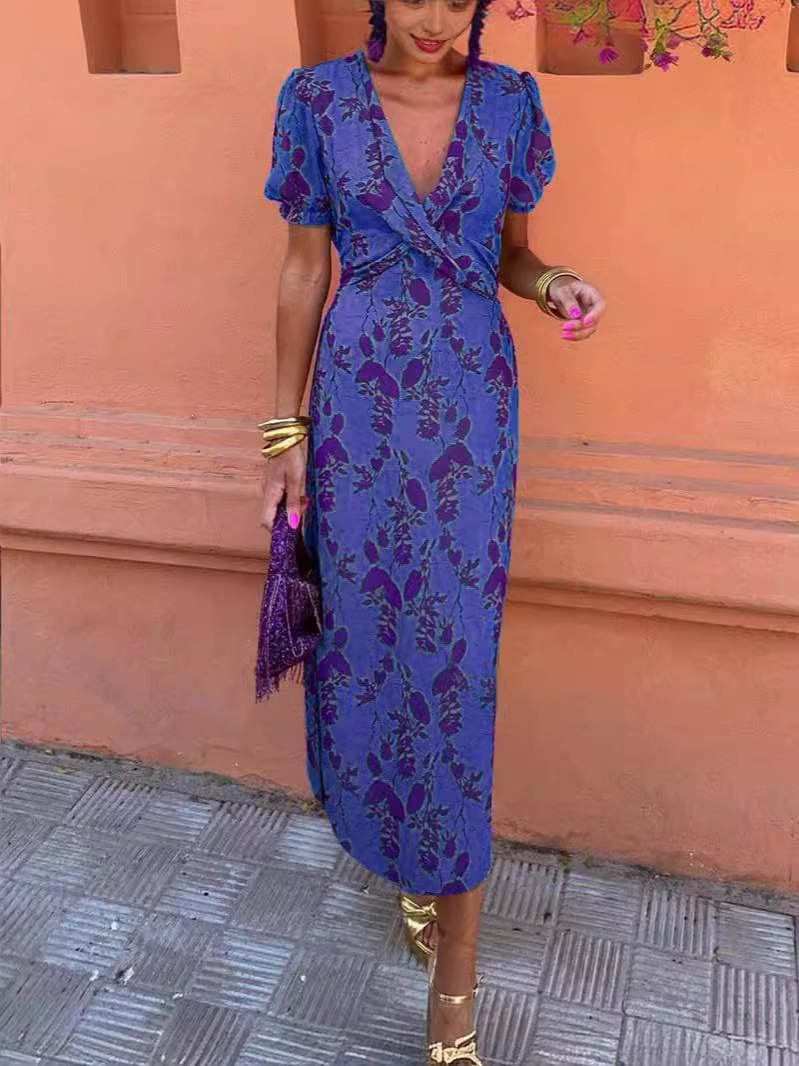 Women's Ruched Print V-Neck Short Sleeve Midi Dress