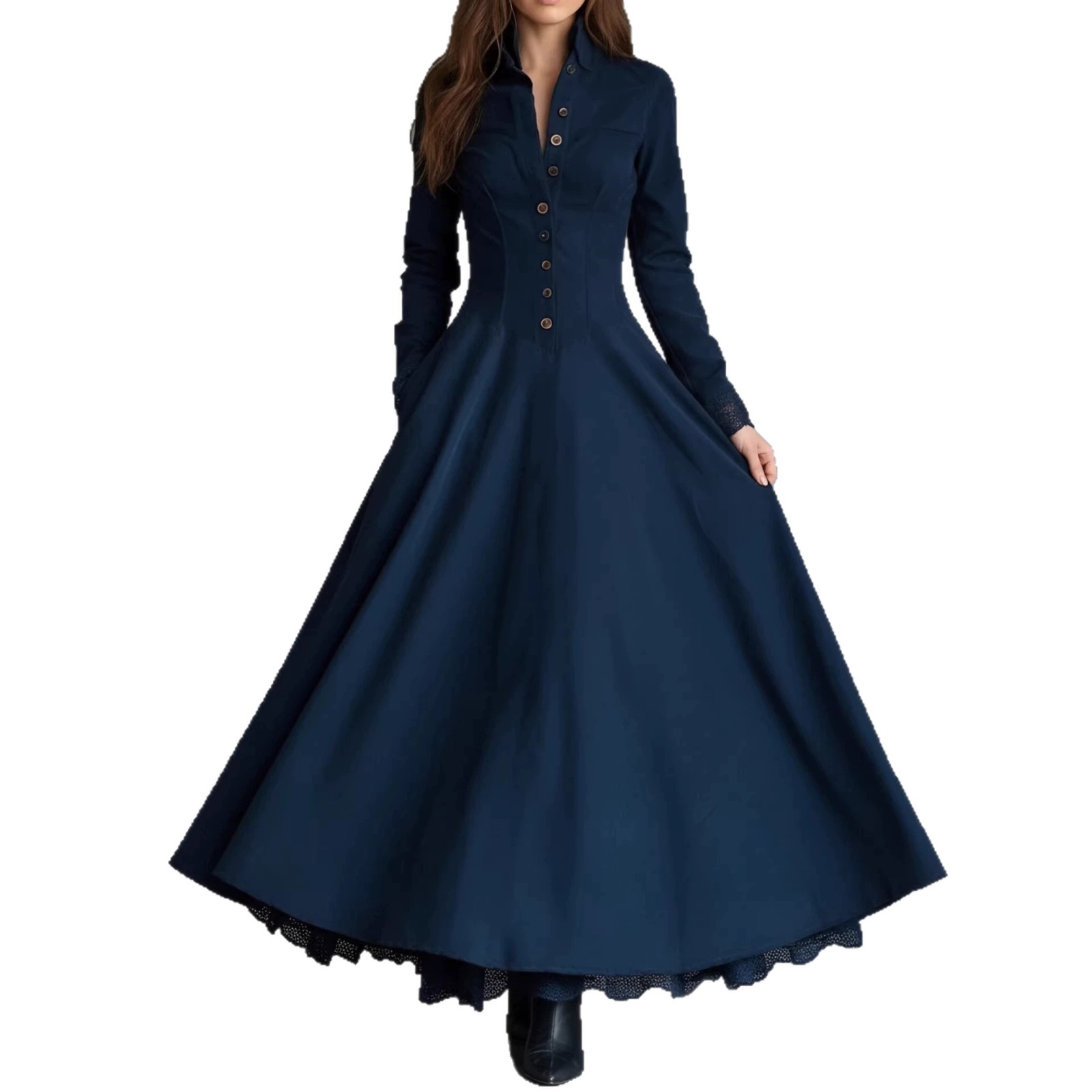 Faux Suede Lace-Trim Button-Front Shirt Dress