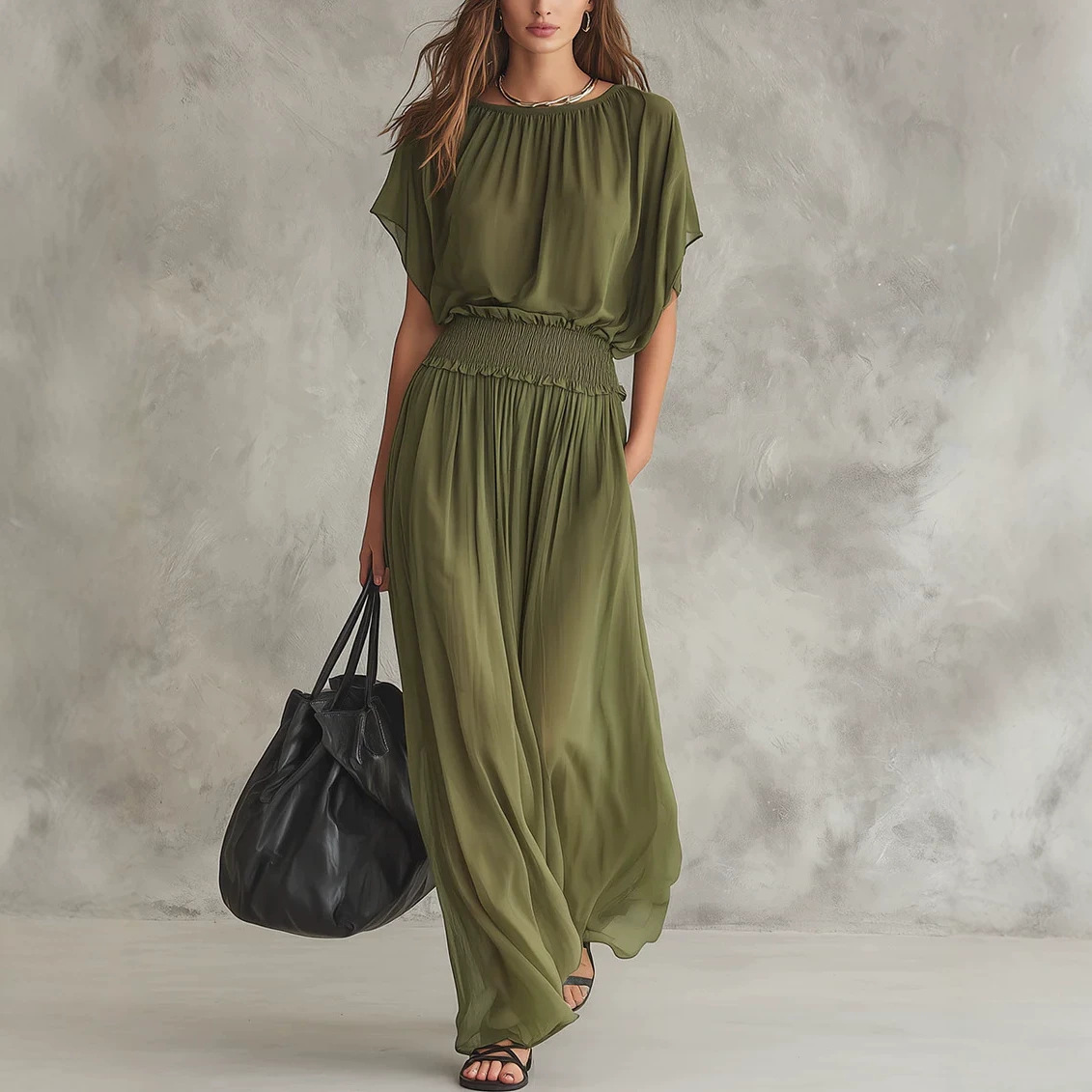 Chiffon Smocked Waist Long Dress
