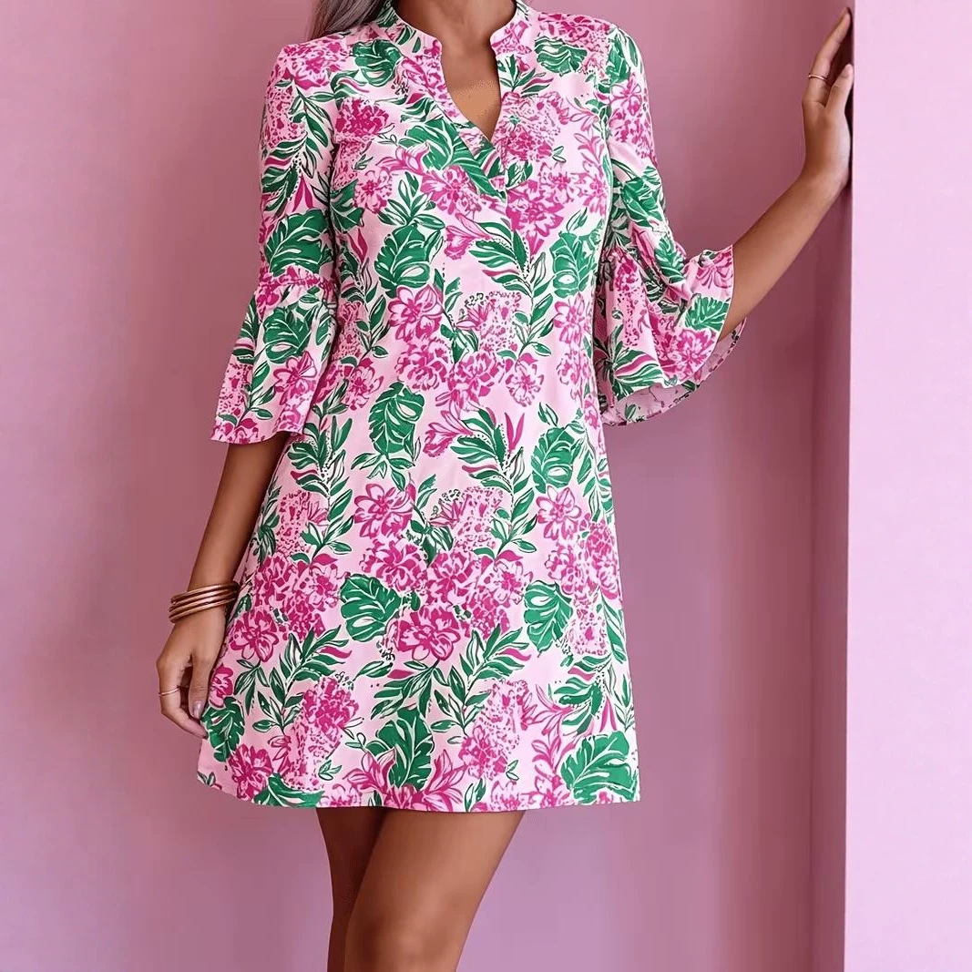Women's Floral Leaf Print Casual Midi Dress with Deep V-Neck and Five-Quarter Sleeves