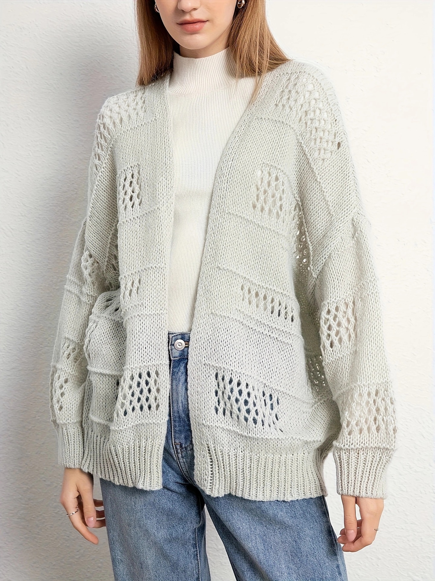 Open-Knit Geometric Cardigan Long Sleeve Loose Fit Women's Sweater
