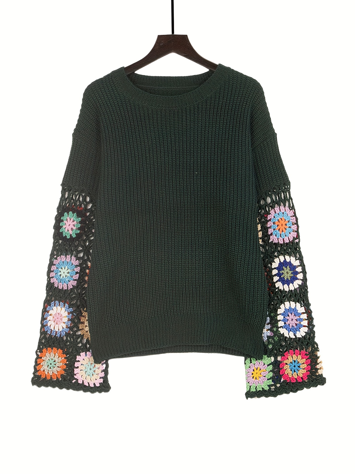 Women's Crochet Flared-Sleeve Pullover Sweater with Hollow-Out Colorblock Design
